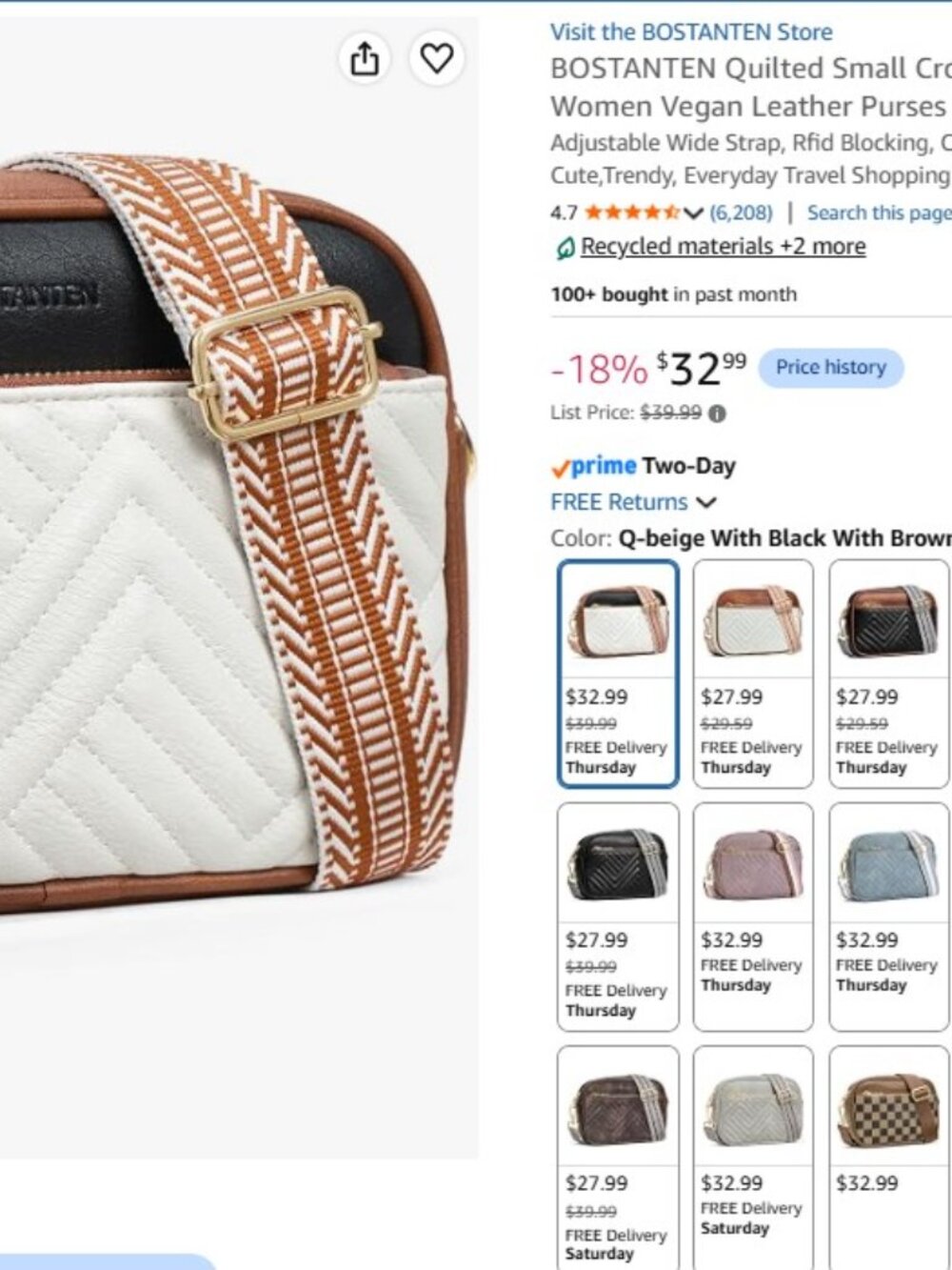 BOSTANTEN Quilted Small Crossbody Bag for Women Vegan Leather Purses